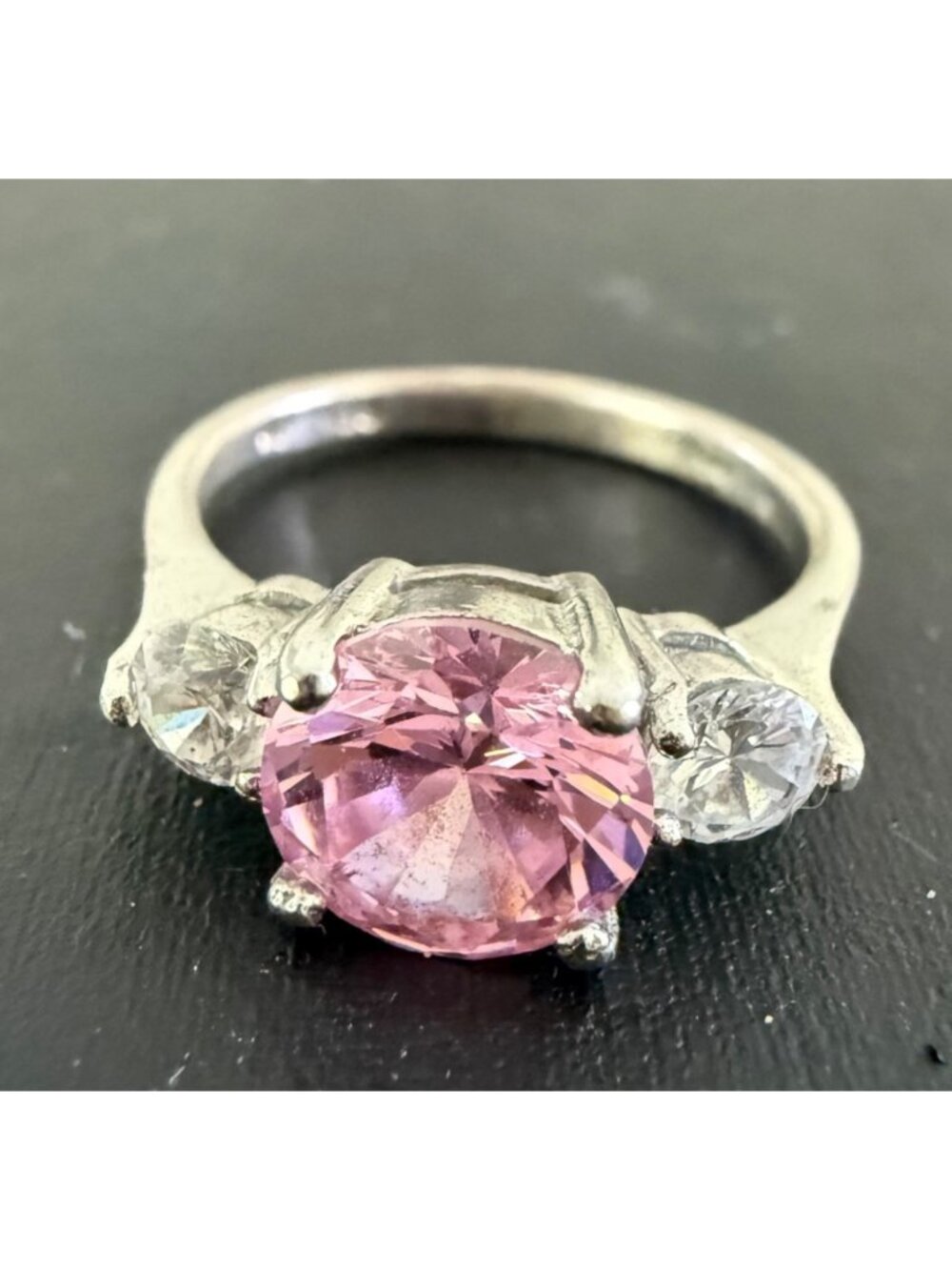 Sterling Silver Pink & White CZ Three-Stone Ring Oval Cut Size 9 Classic Design